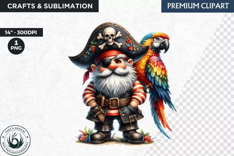 Vintage Pirate Gnome clipart, Corsair Gnome sublimation, PNG