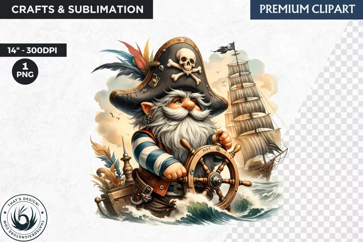 Vintage Pirate Gnome clipart, Corsair Gnome sublimation, PNG