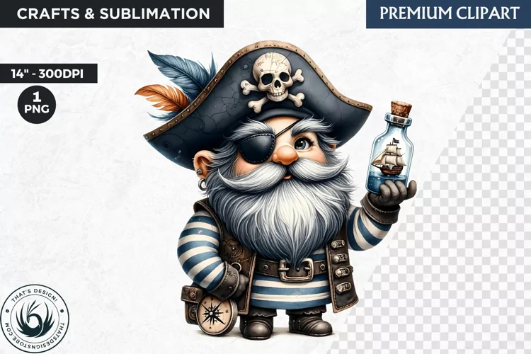Vintage Pirate Gnome clipart, Corsair Gnome sublimation, PNG