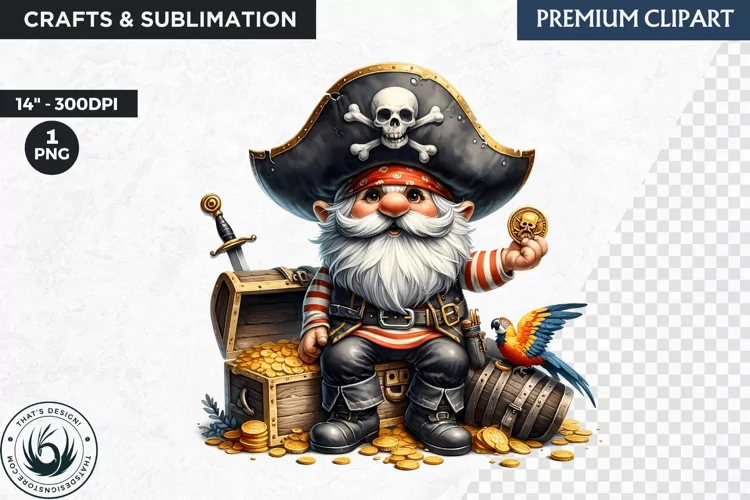 Vintage Pirate Gnome clipart, Corsair Gnome sublimation, PNG