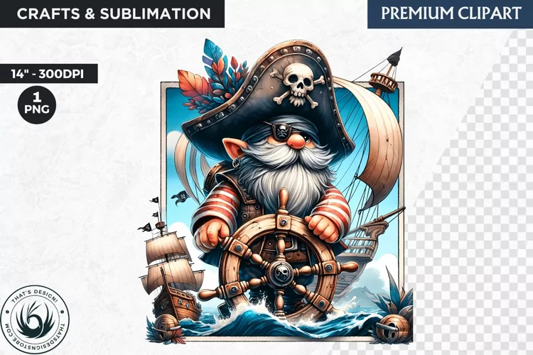 Vintage Pirate Gnome clipart, Corsair Gnome sublimation, PNG