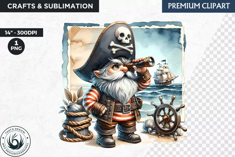 Vintage Pirate Gnome clipart, Corsair Gnome sublimation, PNG