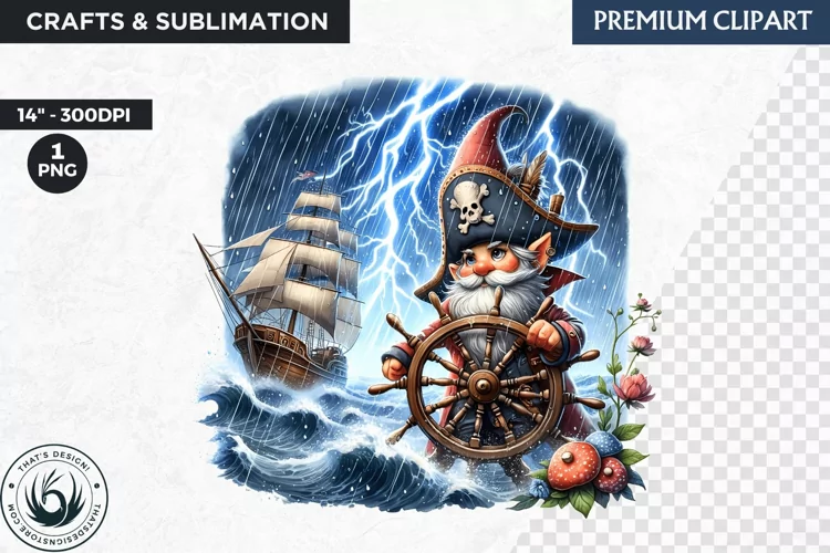 Vintage Pirate Gnome clipart, Corsair Gnome sublimation, PNG