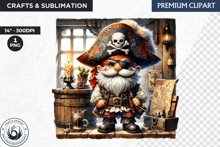 Vintage Pirate Gnome clipart, Corsair Gnome sublimation, PNG