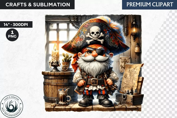 Vintage Pirate Gnome clipart, Corsair Gnome sublimation, PNG