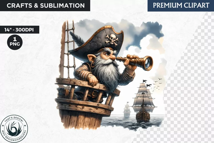 Vintage Pirate Gnome clipart, Corsair Gnome sublimation, PNG
