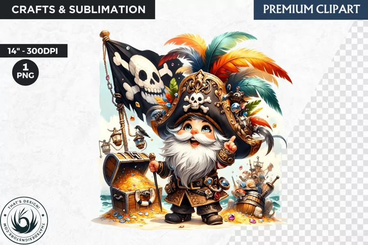 Vintage Pirate Gnome clipart, Corsair Gnome sublimation, PNG