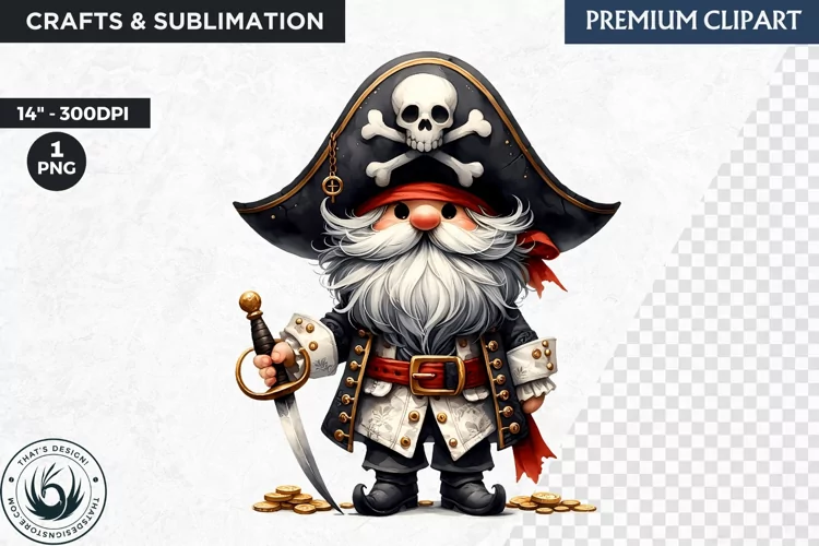 Vintage Pirate Gnome clipart, Corsair Gnome sublimation, PNG