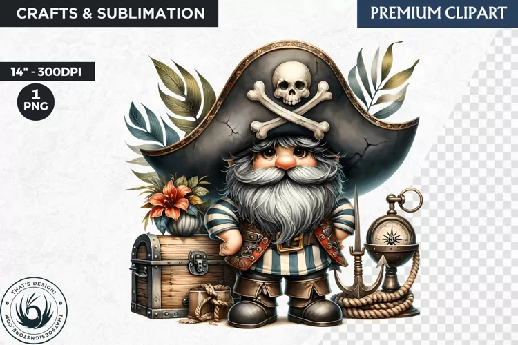 Vintage Pirate Gnome clipart, Corsair Gnome sublimation, PNG