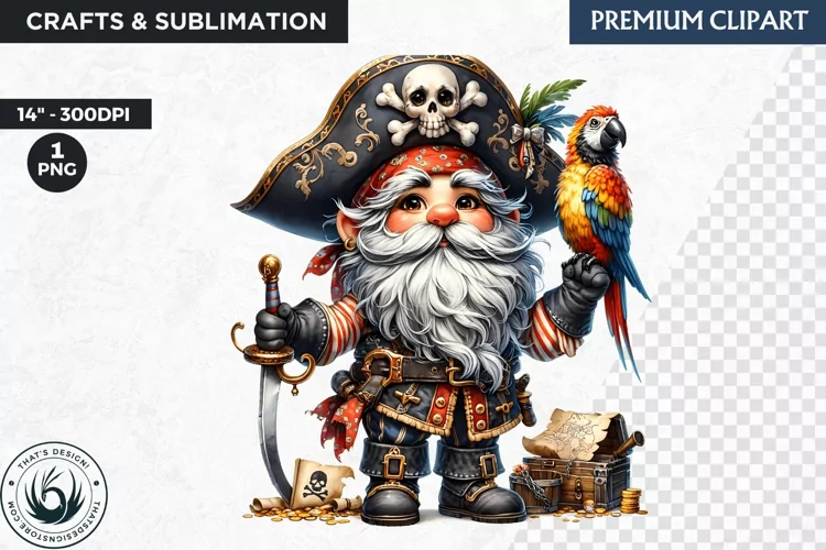 Vintage Pirate Gnome clipart, Corsair Gnome sublimation, PNG