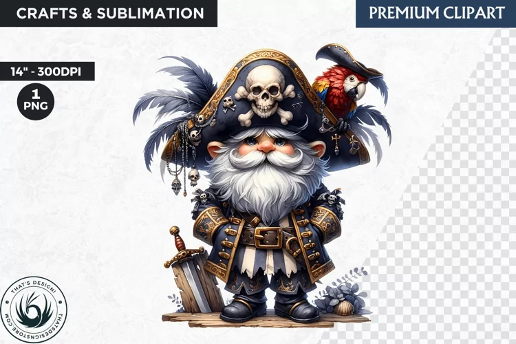 Vintage Pirate Gnome clipart, Corsair Gnome sublimation, PNG