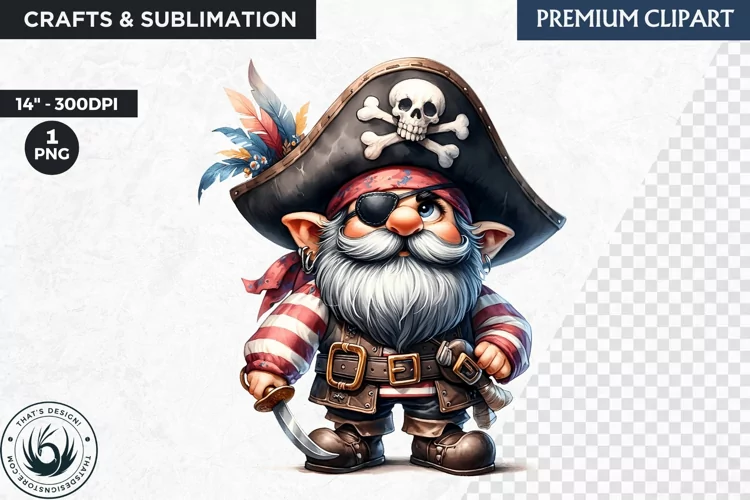 Vintage Pirate Gnome clipart, Corsair Gnome sublimation, PNG