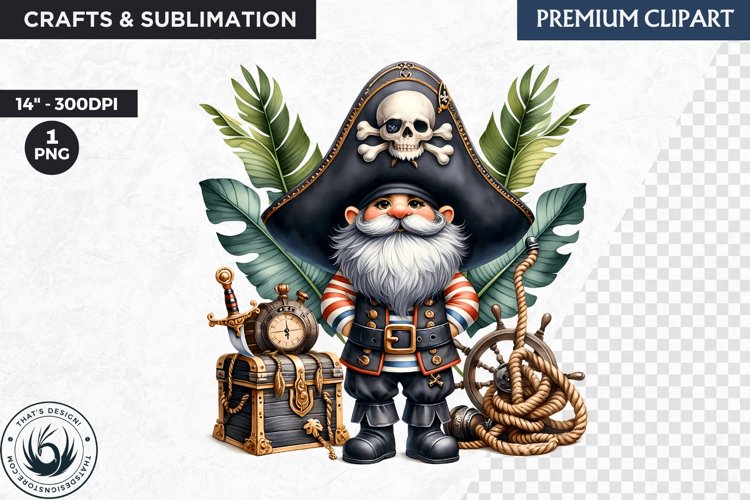 Vintage Pirate Gnome clipart, Corsair Gnome sublimation, PNG example image 1