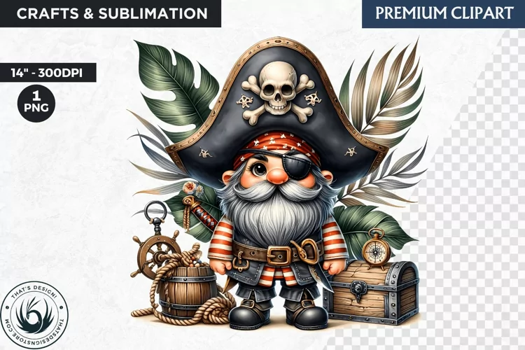 Vintage Pirate Gnome clipart, Corsair Gnome sublimation, PNG