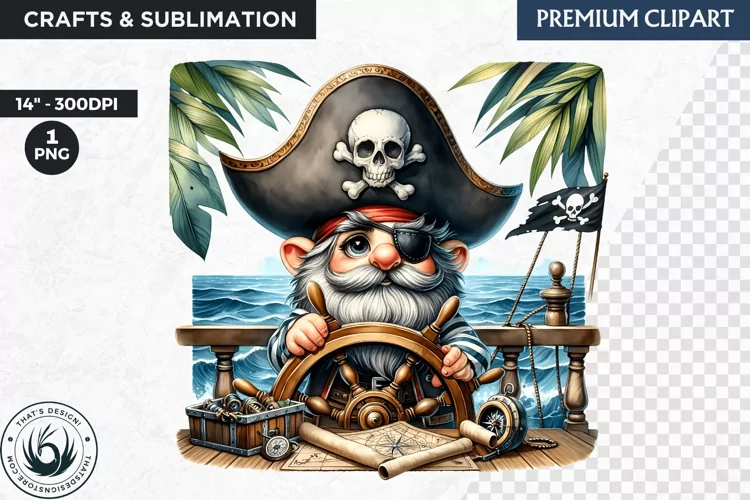 Vintage Pirate Gnome clipart, Corsair Gnome sublimation, PNG