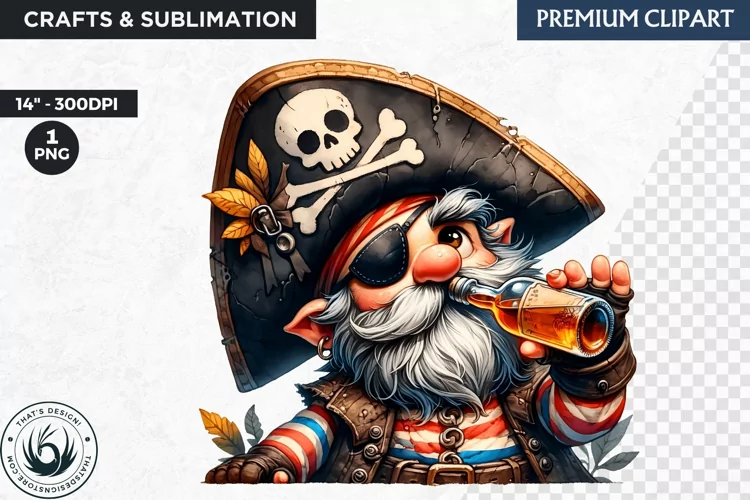 Vintage Pirate Gnome clipart, Corsair Gnome sublimation, PNG