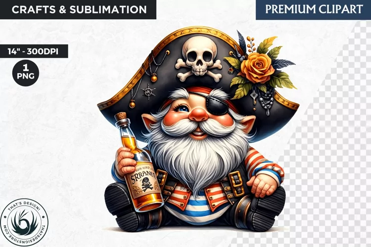 Vintage Pirate Gnome clipart, Corsair Gnome sublimation, PNG