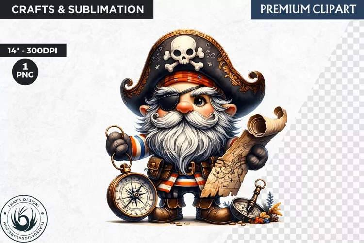 Vintage Pirate Gnome clipart, Corsair Gnome sublimation, PNG