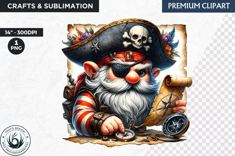 Vintage Pirate Gnome clipart, Corsair Gnome sublimation, PNG