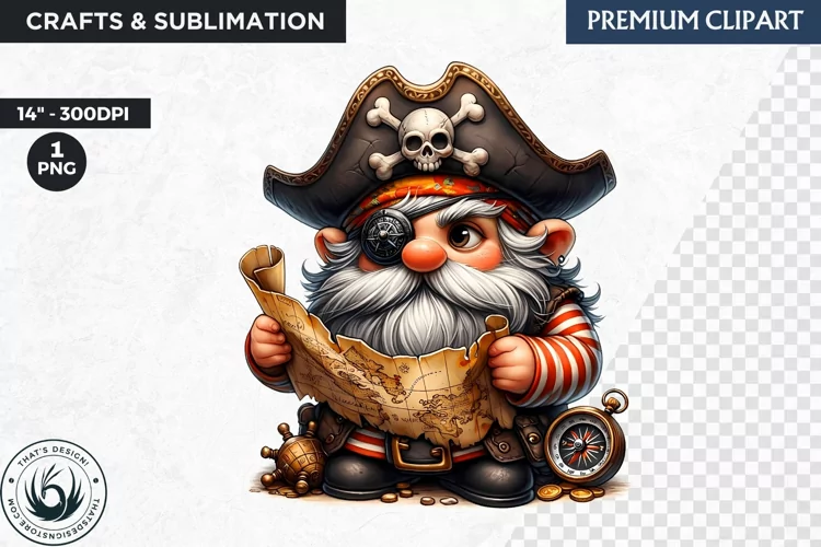 Vintage Pirate Gnome clipart, Corsair Gnome sublimation, PNG