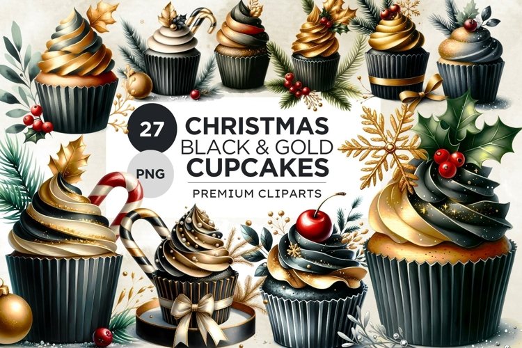 Black & Gold Christmas Cupcakes Clipart PNG Bundle example image 1