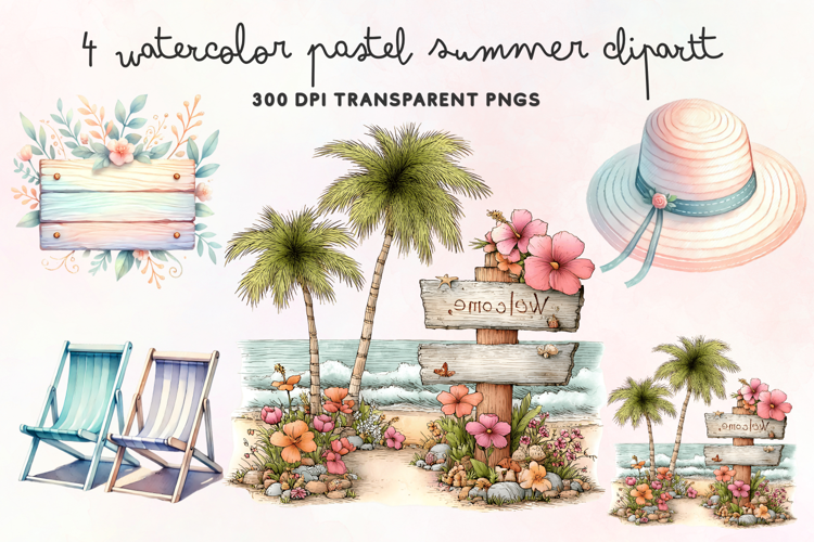 Watercolor Pastel Summer Clipart PNG