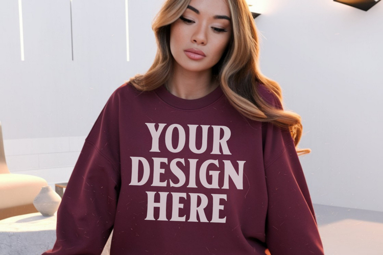 Gildan 18000 Maroon Mockup , Crewneck Sweatshirt Boho
