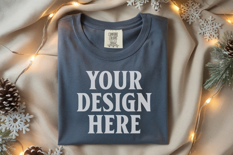 Slate Comfort Colors 1717 Christmas Folded T-Shirt Mockup