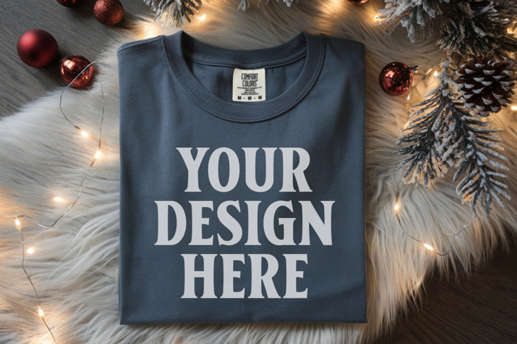 Slate Comfort Colors 1717 Christmas Folded T-Shirt Mockup