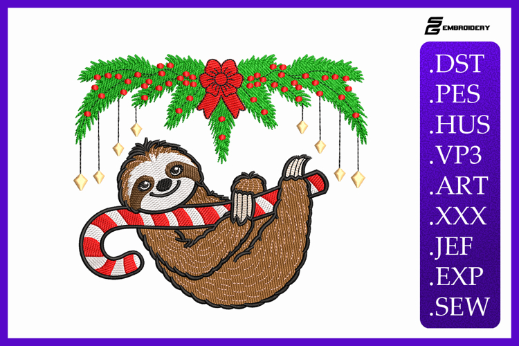 Christmas Sloth with Candy Cane Embroidery Designs