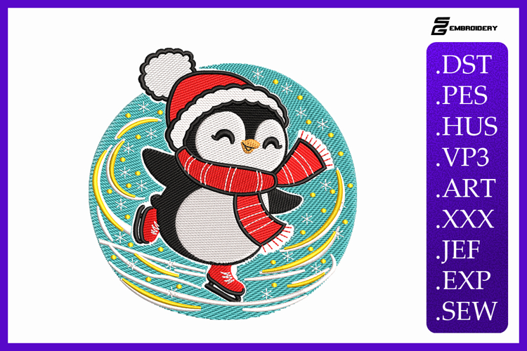 Ice Skating Christmas Penguin Embroidery Designs For Machine