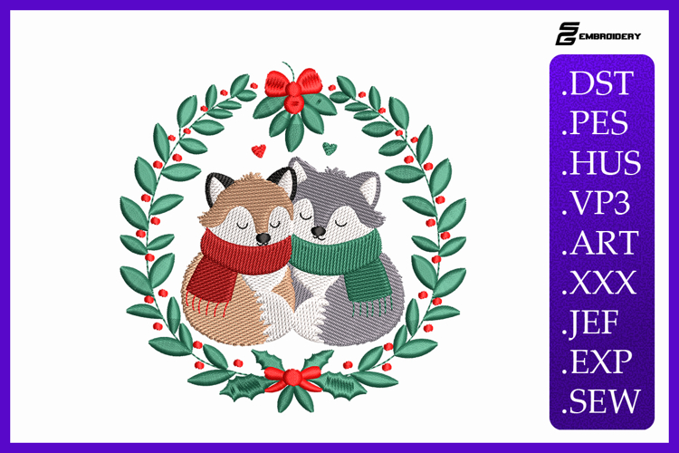 Cuddling Christmas Fox Couple Embroidery Designs For Machine