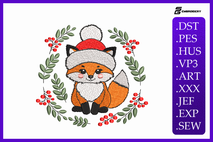Cute Christmas Fox in Santa Hat Embroidery Designs