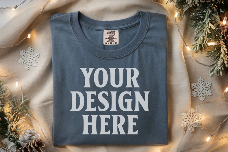 Slate Comfort Colors 1717 Christmas Folded T-Shirt Mockup