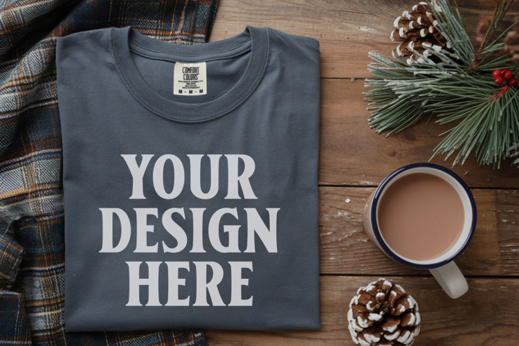 Slate Comfort Colors 1717 Christmas Folded T-Shirt Mockup