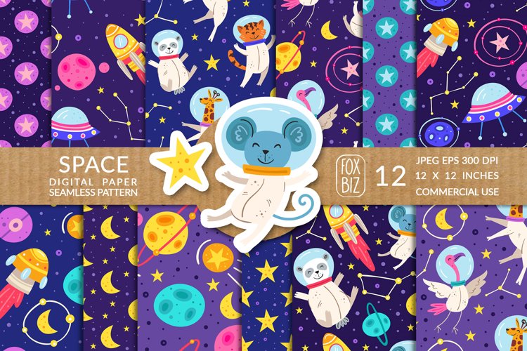 Space, animals astronauts seamless patterns. JPEG EPS example image 1