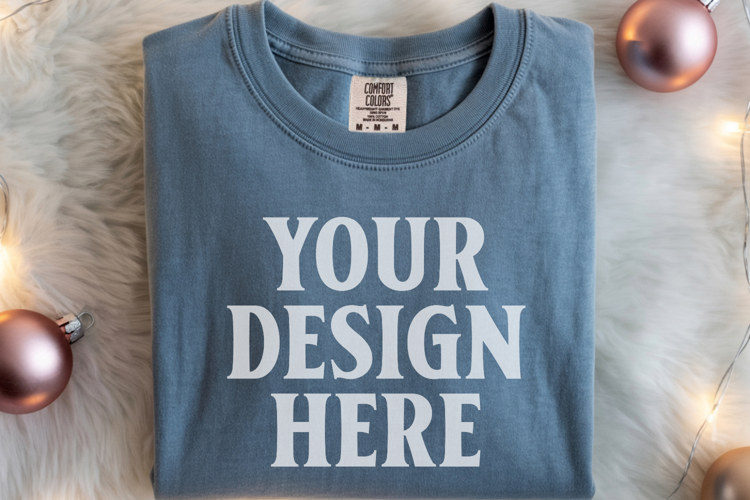 Slate Comfort Colors 1717 Christmas Folded T-Shirt Mockup