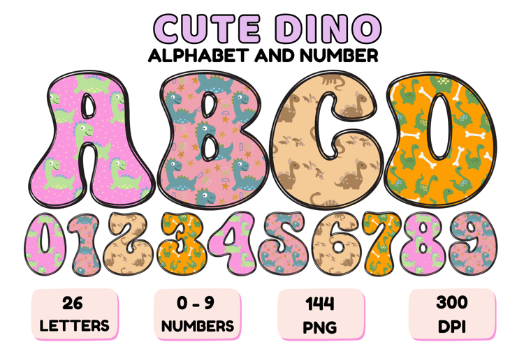 Cute Dinisaur Alphabet & Numbers PNG - 300 DPI Clipart