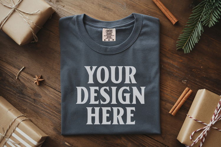 Slate Comfort Colors 1717 Christmas Folded T-Shirt Mockup