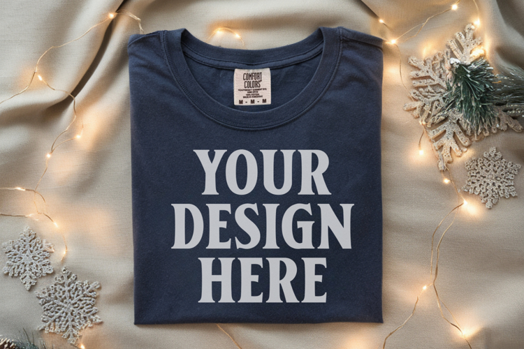 True Navy Comfort Colors 1717 Christmas Folded T-Shirt Mocku