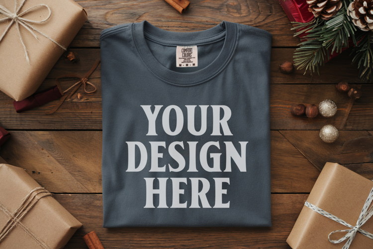 Slate Comfort Colors 1717 Christmas Folded T-Shirt Mockup