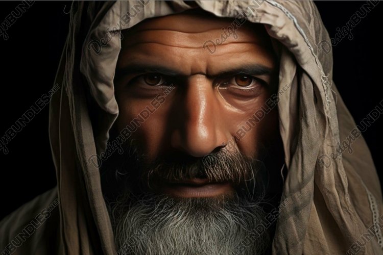Intense gaze: portrait of a man in traditional headwear example image 1