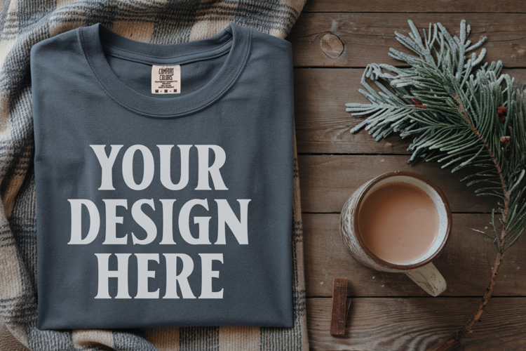 Slate Comfort Colors 1717 Christmas Folded T-Shirt Mockup