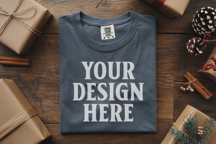 Slate Comfort Colors 1717 Christmas Folded T-Shirt Mockup