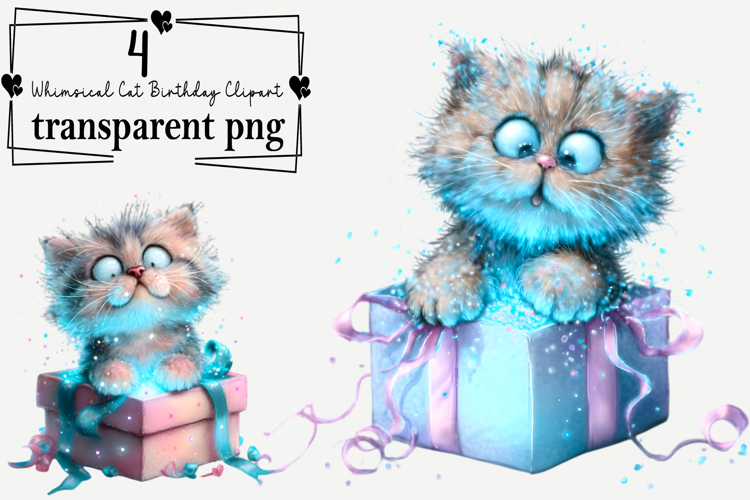 Whimsical Cat Birthday Clipart Watercolor PNG