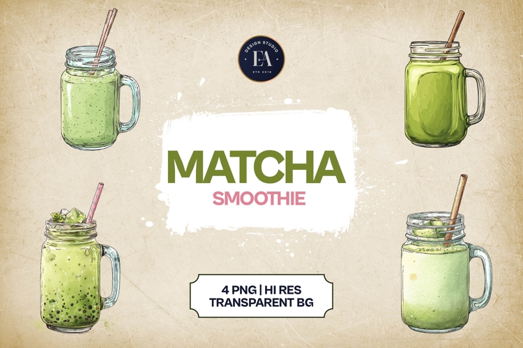 Matcha Smoothie Clipart Bundle 4 PNG