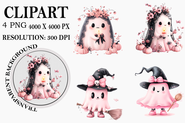 Pink Ghost whimsical Halloween clipart Watercolor PNG