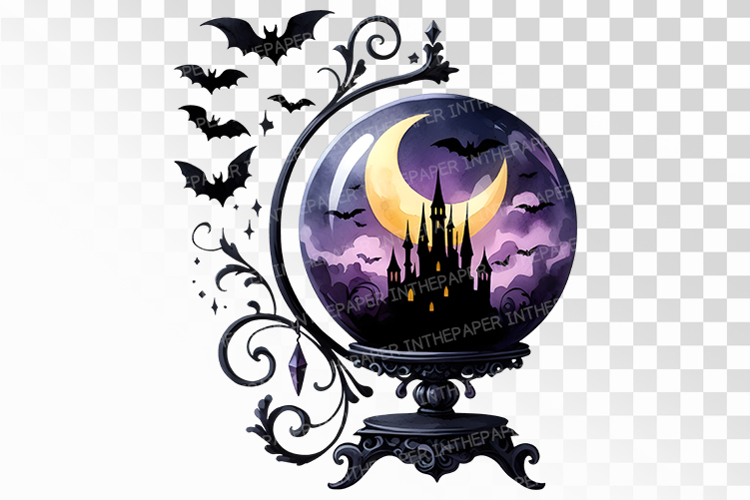 Gothic Glass Sphere Haunted Castle Bat Stand Halloween PNG