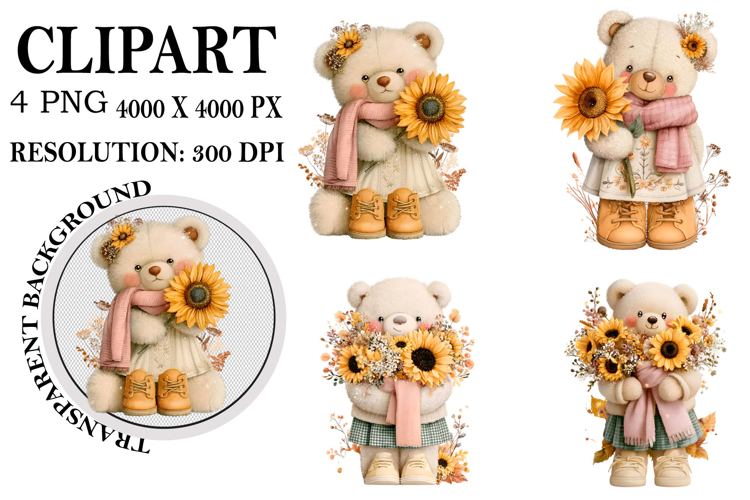Whimsical Fall Teddy Bear Clipart Watercolor PNG example image 1