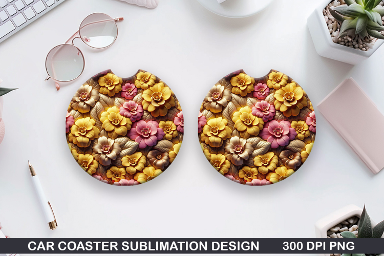 Flowers Car Coaster Sublimation| Summer Flowers Coaster PNG